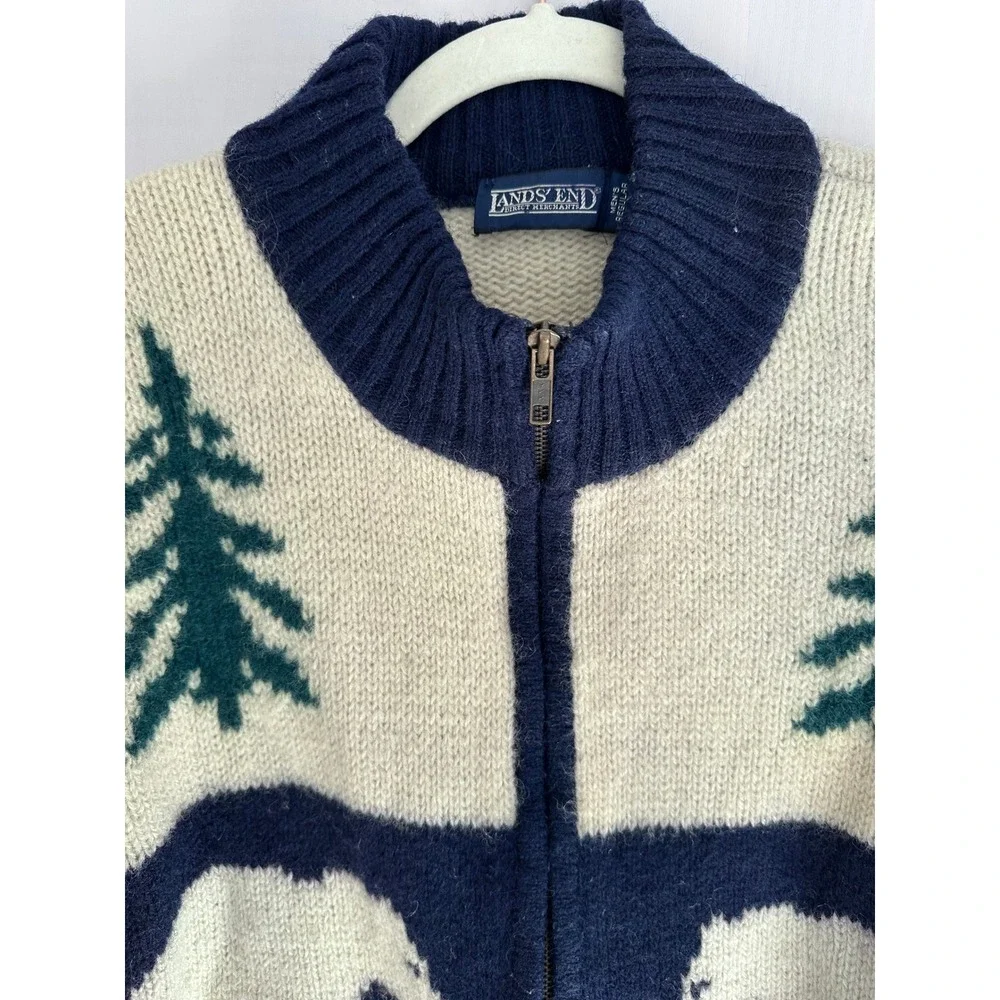 Vintage Lands End Wool Cardigan Sweater Men's Full Zip Knit Polar Bear Pine Tree